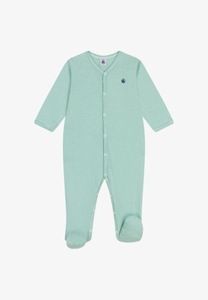 Giocattolo per bambini a righe verdi realizzato in tessuto morbido, con maniche lunghe, fondo con i piedi, bottoni a pressione sul davanti e un piccolo logo.