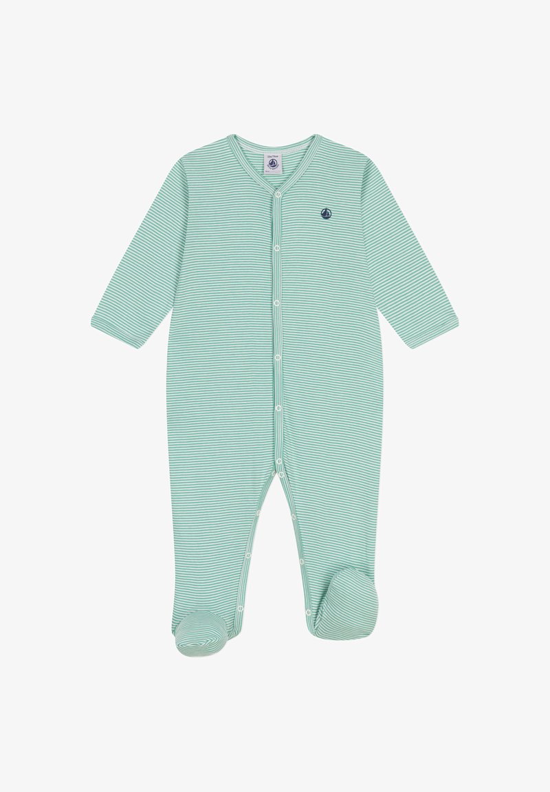 Giocattolo per bambini a righe verdi realizzato in tessuto morbido, con maniche lunghe, fondo con i piedi, bottoni a pressione sul davanti e un piccolo logo.