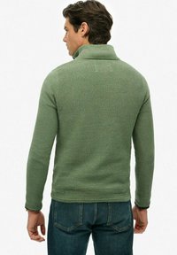 Grüner, strukturiert gestrickter Pullover mit hohem Kragen, schmalen Ärmeln und geradem Saum. Getragen mit blauen Jeans, die sein lässiges Design betonen.