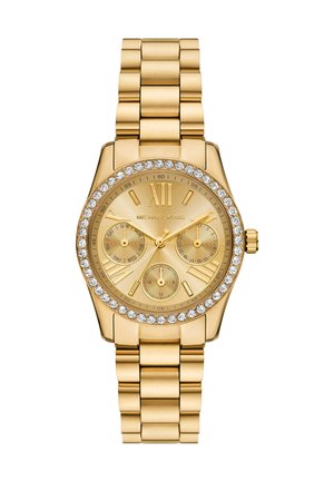 Reloj de pulsera Michael Kors en tono dorado con bisel de cristal, tres subesferas para el día, la fecha y la hora en formato 24 horas, y pulsera de metal enlazada.
