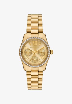 Złoty zegarek na nadgarstek Michael Kors z kryształową obręczą, trzema subtarczami: do wskazywania dnia, daty i czasu 24-godzinnego, oraz połączoną metalową bransoletą.