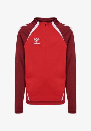 Rode sportieve langslijf top met hoge kraag, rits hals, witte accenten, gestructureerde stof en logo op de borst; slim fit ontwerp.