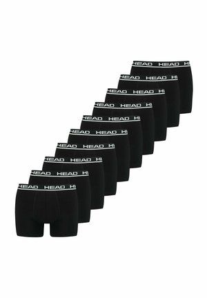 Dix paires de boxers noirs pour hommes avec des ceintures élastiques blanches estampillées du mot "HEAD" en lettres blanches.