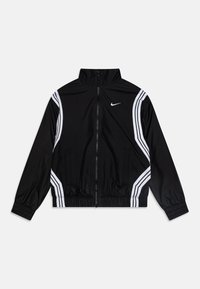 Black windbreaker jacket with a high collar, front zipper, white side stripes, elastic cuffs, and gathered hem. Features Nike logo on the chest.