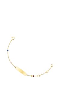 Złota bransoletka z prostokątnym, płaskim zawieszeniem, ozdobiona wielokolorowymi koralikami (niebieskie, czerwone, różowe, białe) i zapięciem na karabińczyk.