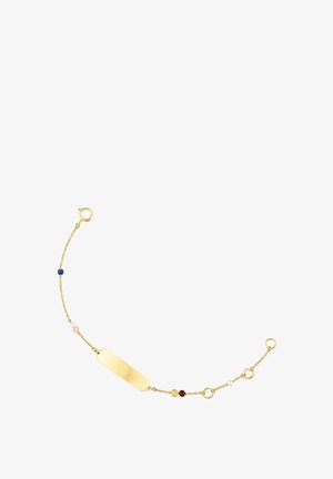 Bracelet en or avec un pendentif rectangulaire plat, orné de perles multicolores (bleu, rouge, rose, blanc) et une fermeture à mousqueton.