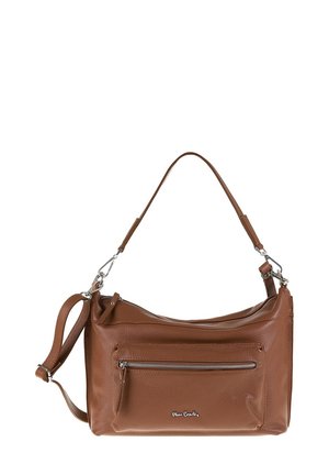 Borsa in pelle marrone con finitura testurizzata, manico superiore, tracolla regolabile e tasca con zip frontale. Accessori in hardware argentato.