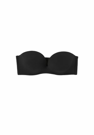 Soutien-gorge noir sans bretelles avec une texture lisse, des cups moulés et une bande élastique. Design simple, sans matériel visible ni motifs.