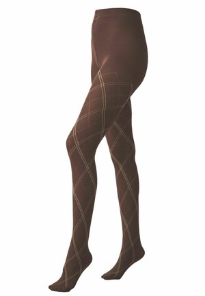 Collants marron avec motif à carreaux beige en forme de losange, présentés sur des jambes de mannequin sur fond blanc.