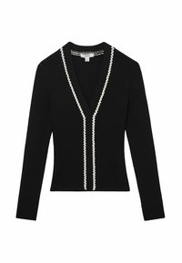 Fekete bordázott kardigán hosszú ujjakkal és mély V-kivágással, az elején fehér hullámos díszítéssel.