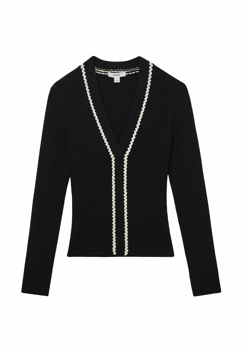 Fekete bordázott kardigán hosszú ujjakkal és mély V-kivágással, az elején fehér hullámos díszítéssel.