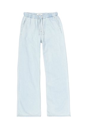 Light blue wide-leg pants with elastic waistband and drawstring, featuring side pockets.