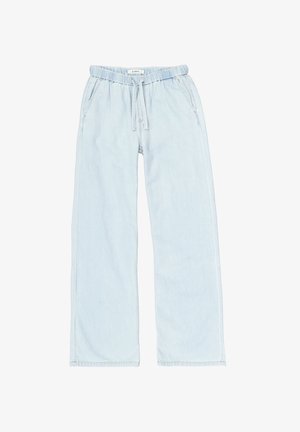 Lichtblauwe, wijduitlopende broek met elastische tailleband en trekkoord, voorzien van zijzakken.