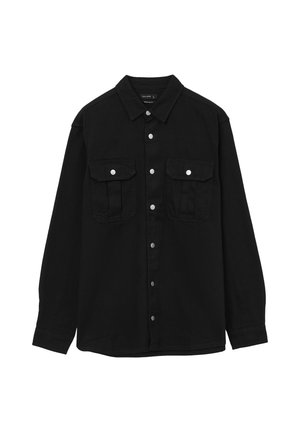 Chemise noire à boutons en coton avec des manches longues, deux poches poitrine et des détails en métal argenté. Elle possède un col classique et une coupe décontractée.
