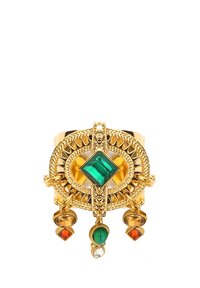 Gold-tone ring featuring an intricate design with a central green square stone, surrounded by oval accents and hanging multicolored gems.