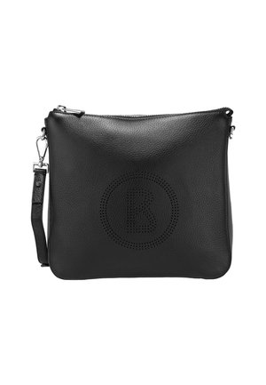 Sort læder clutch taske med aftagelig håndledsrem og perforeret rundt logo foran, lynlås øverst.