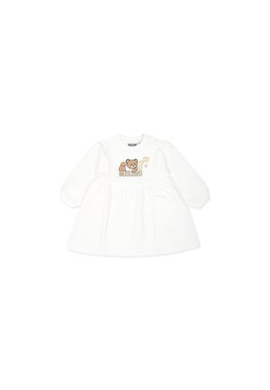 Vestito bianco a maniche lunghe con scollatura rotonda, caratterizzato da una stampa di un orso marrone e cuori. Include tasche a forma di cuore sui lati.