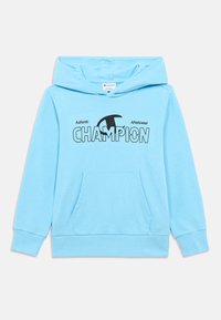 Φωτεινό γαλάζιο φούτερ με κουκούλα και μπροστινή τσέπη, με μαύρο λογότυπο "CHAMPION" και κείμενο "Authentic Athleticwear". Κατασκευασμένο από μαλακό ύφασμα, με μακριά μανίκια.