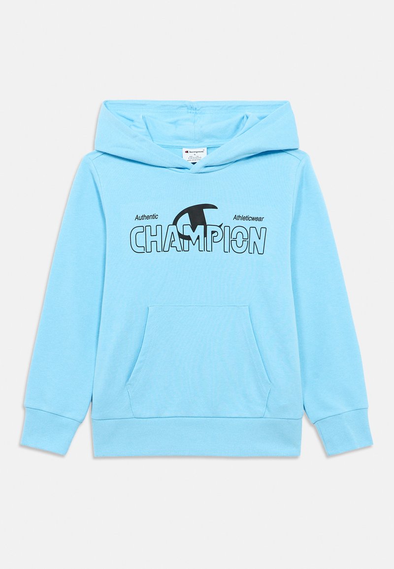 Φωτεινό γαλάζιο φούτερ με κουκούλα και μπροστινή τσέπη, με μαύρο λογότυπο "CHAMPION" και κείμενο "Authentic Athleticwear". Κατασκευασμένο από μαλακό ύφασμα, με μακριά μανίκια.