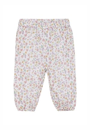 Blumenmuster-Hosen mit elastischem Bund; mit mehrfarbigen Blumen auf weißem Hintergrund, gerafften Bündchen und seitlichen Taschen.