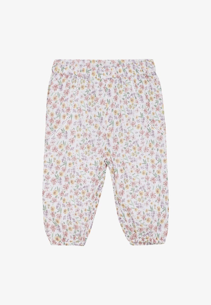 Bloemmotieven broek met een elastische tailleband; gekenmerkt door veelkleurige bloemen op een witte achtergrond, gathers aan de onderkant van de broekspijpen en zijzakken.