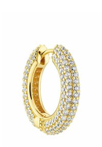 Guld hoopsörhänge prytt med flera klara kristaller, med en polerad yta och en säker gångjärnsdesign.