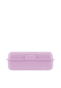 Scatola di stoccaggio rettangolare di colore viola chiaro, realizzata in plastica, con un coperchio piatto dotato di un lucchetto centrale, texture liscia e angoli arrotondati.