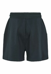 Tmavě šedé bavlněné kraťasy s elastickým pasem, bočními kapsami a volným střihem. Materiál má hladkou texturu a jednoduchý design.