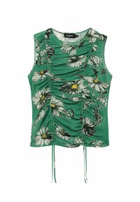 Vihreä hihaton paita, jossa on kukkakuosi valkoisilla päivänkakkaroilla, rypytetty pinta ja nyöritettävät yksityiskohdat helman kohdalla. Brändilogo: Desigual.