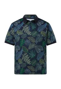 Polo a maniche corte di colore navy con un motivo foglioso in verde e blu. Presenta un colletto e due bottoni, realizzato in tessuto traspirante.