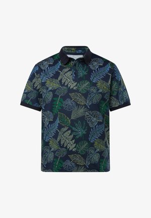 Polo a maniche corte di colore navy con un motivo foglioso in verde e blu. Presenta un colletto e due bottoni, realizzato in tessuto traspirante.