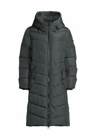 Manteau d'hiver long noir matelassé avec une capuche, fermeture éclair frontale et deux poches latérales à boutons-pression.