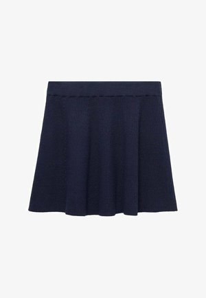Granatowa spódnica z prążkowanego dzianiny w kształcie rozkloszowanym, z paskiem w talii. Luźno się układa, z delikatną fakturą i bez zdobień.