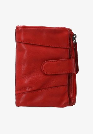 Rotes Lederportemonnaie mit strukturierter Oberfläche, ausgestattet mit einem Reißverschluss und einem Deckel mit Druckknopf. Kompakte rechteckige Form.