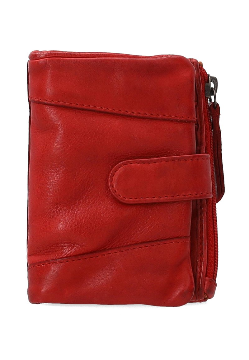 Red leather wallet with a textured surface, featuring a zip closure and a flap with a snap button. Compact rectangular design.