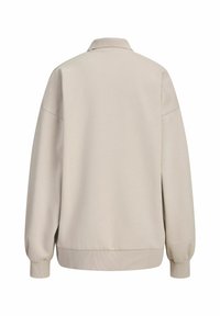 Light beige sweatshirt with a relaxed fit, ribbed cuffs, and a collar. Smooth fabric texture with a simple, unadorned design.
