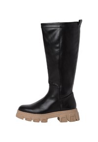 Stivali neri in pelle al ginocchio con una superficie liscia, dotati di una suola spessa in gomma beige e design semplice.