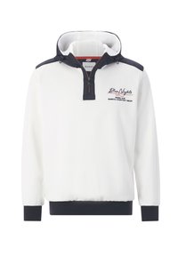 Weißer Fleece-Pullover mit einem navyfarbenen Halbreißverschluss-Kragen, weicherer Textur und gesticktem "Blue Nights"-Logo auf der Brust. Navyfarbene Akzente an den Schultern.