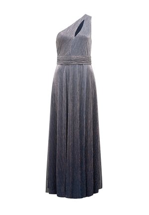 Abito lungo metallic grigio con scollatura a una spalla e vita arricciata.