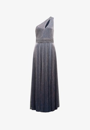Robe métallisée gris longueur sol avec un décolleté asymétrique et une taille froncée.