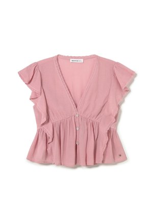 Blusa rosa de manga corta con bordes fruncidos, escote en V, tres botones en la parte delantera y detalle de cintura fruncida.