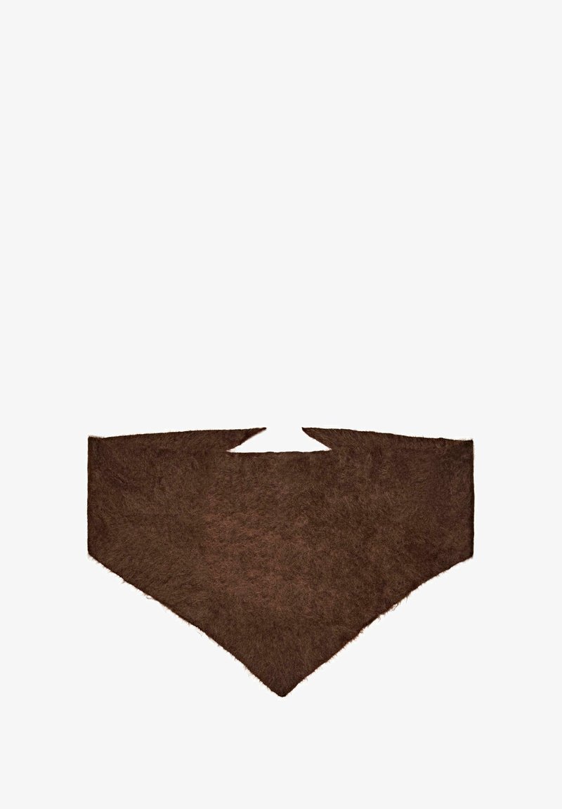 Poncho in lana marrone a forma triangolare, con una superficie morbida e strutturata e un design a collo aperto per una facile vestibilità.