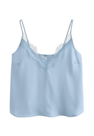 Lyseblå satin top med tynde stropper og delikat blondetrim langs V-udskæringen.