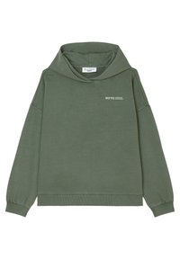 Sudadera con capucha verde de ajuste holgado, hecha de material suave. Cuenta con una capucha grande, hombros caídos y puños acanalados. Logotipo de la marca en el pecho.