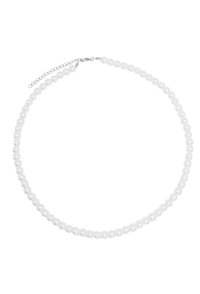 Collana di perle bianche con design arrotondato, caratterizzata da perle uniformi e una chiusura in argento con un'estensione a catena regolabile.