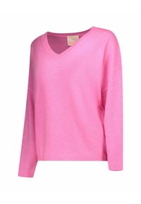 Maglione rosa a scollo a V con maniche lunghe, realizzato in materiale morbido. Presenta una vestibilità comoda e dettagli a coste sui polsini e sull'orlo.