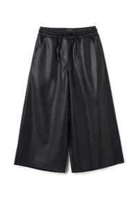 Culotte in ecopelle nera con vita elasticizzata, coulisse regolabile, tasche laterali e design a gamba larga. Texture liscia e finitura opaca.