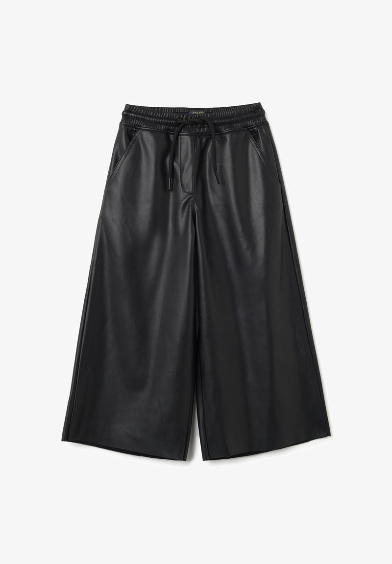Culotte in ecopelle nera con vita elasticizzata, coulisse regolabile, tasche laterali e design a gamba larga. Texture liscia e finitura opaca.