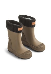 Bottes en caoutchouc marron avec une partie supérieure en tricot côtelé foncé et une semelle texturée. Étiquette en cuir accentuée sur le poignet. Forme de pointe arrondie.