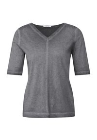 T-shirt gris à manches courtes et col en V, fabriqué à partir d'un tissu doux avec une texture lisse. Présente un design simple et une coupe décontractée. Pas de motifs ni de matériel.
